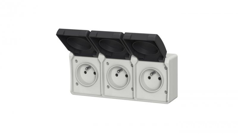 Gniazdo potrójne z uziemieniem natynkowe z klapką Aqua Plus IP44 szaro grafitowe/ 40226