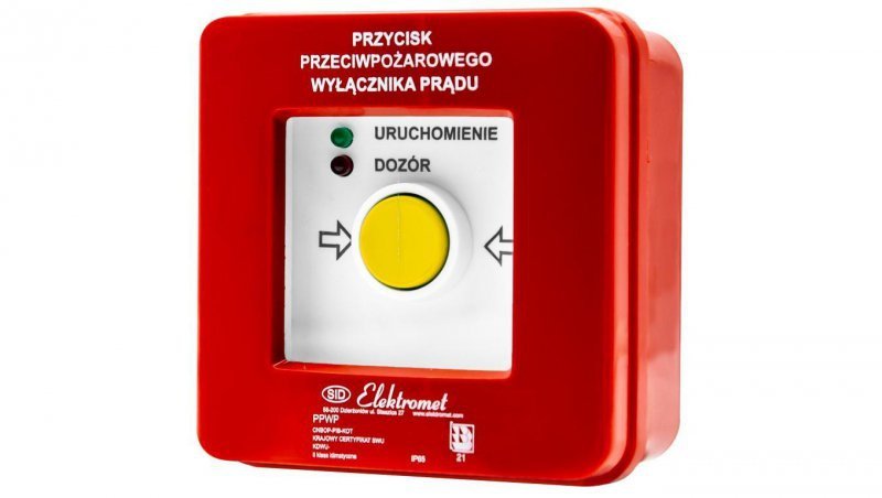Przycisk ppoż wyłącznika prądu n/t 2 tory prądowe 12A, NC-NC, diody czerwona/zielona PPWP-3s A