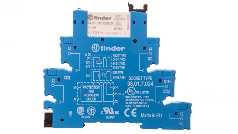 Przekaźnikowy moduł sprzęgający 6,2mm, 1P 6A 12V DC, styki AgNi, zaciski śrubowe, szyna DIN 38.51.7.012.0050