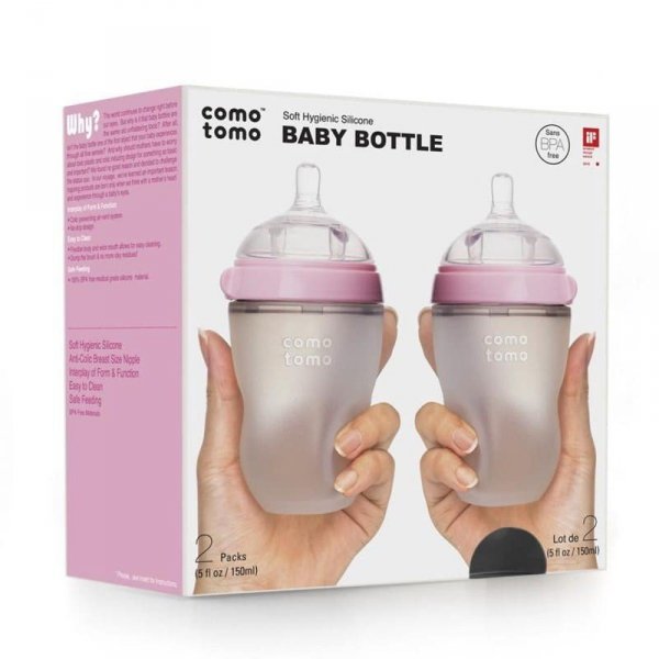 COMOTOMO - 2 antykolkowe butelki silikonowe MOM'S BREAST 250 ml Pink BABY Wiek: 0.3+