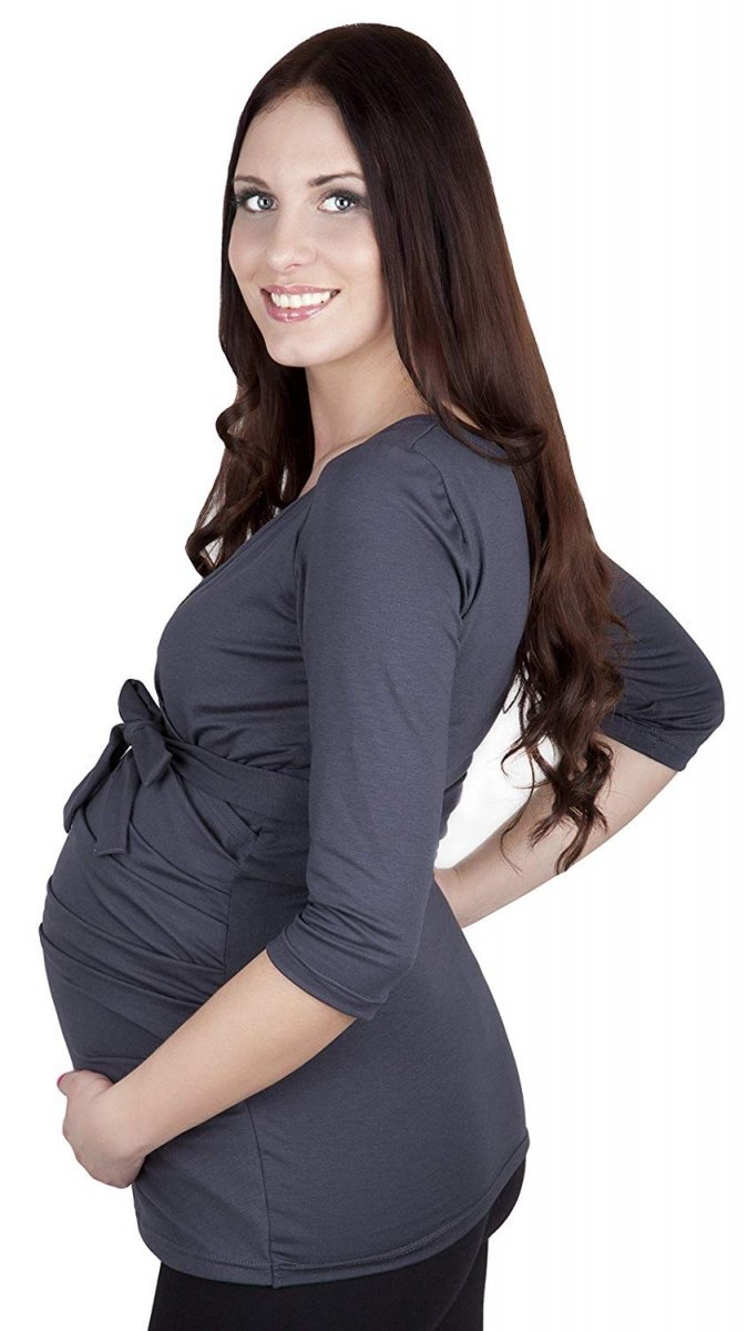 MijaCulture – Elegant maternity and nursing shirt top 3/4 and long sleeve + belt 4004/M23 Graphite