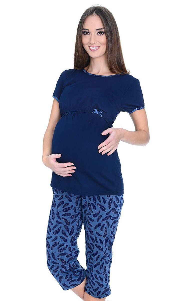 MijaCulture 3 in1 Cute Maternity and Nursing 2-Peace Pyjama Set 4119/M69 Navy / Feathers