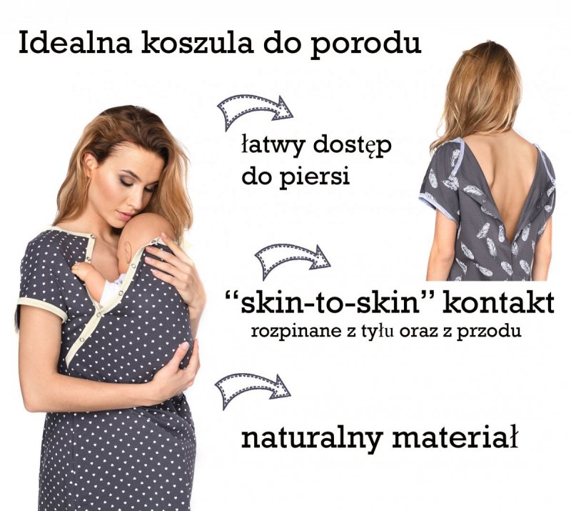 MijaCulture - koszula do porodu 4123 grafit/serduszka 5