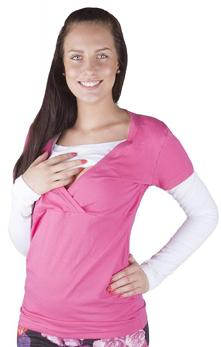 MijaCulture – Casual Soft Cotton Maternity and Nursing long sleeve top shirt 9016 Pink / White