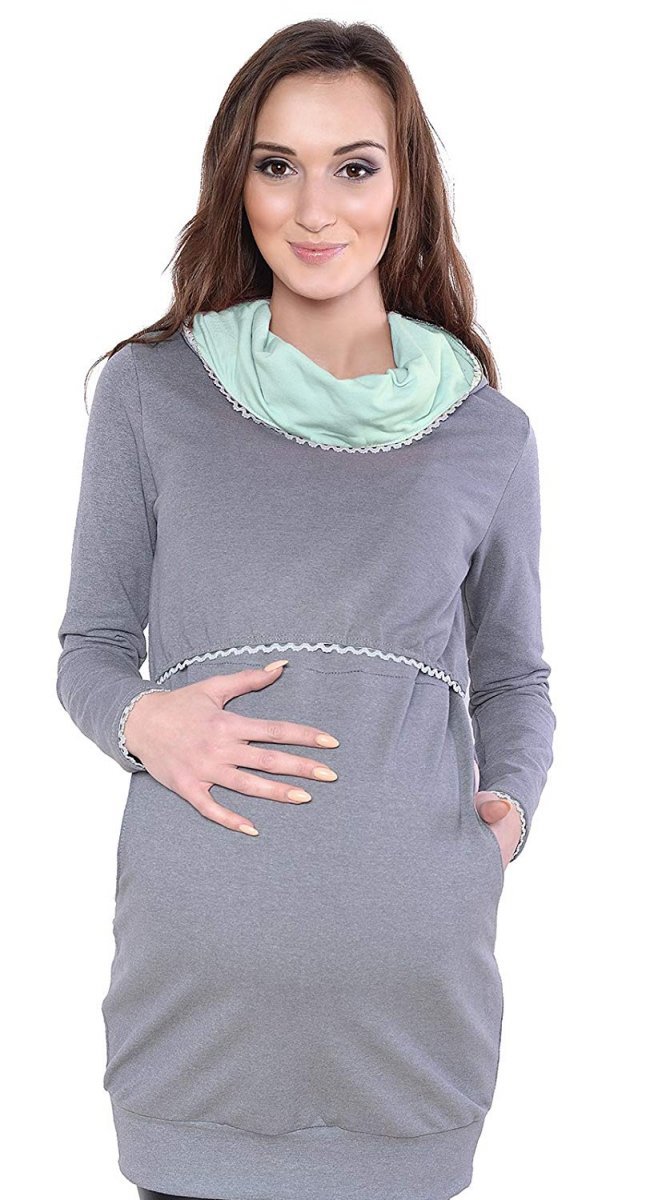 MijaCulture – Cute 2 in1 Maternity and Nursing Pullover Sweater Sweatshirt Ellie 7129  Grey / Mint