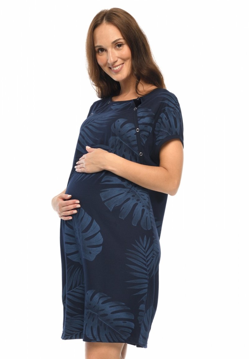 MijaCulture - labour maternity breastfeeding nightdress 4123 M80 Navy/ Palm trees