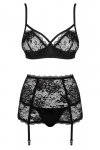 Obsessive Peonesia 3-pcs set bielizna nocna komplet biustonosz + stringi + pas do pończoch