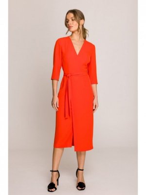 Stylove S396 Sukienka z kopertowym motywem - koralowa