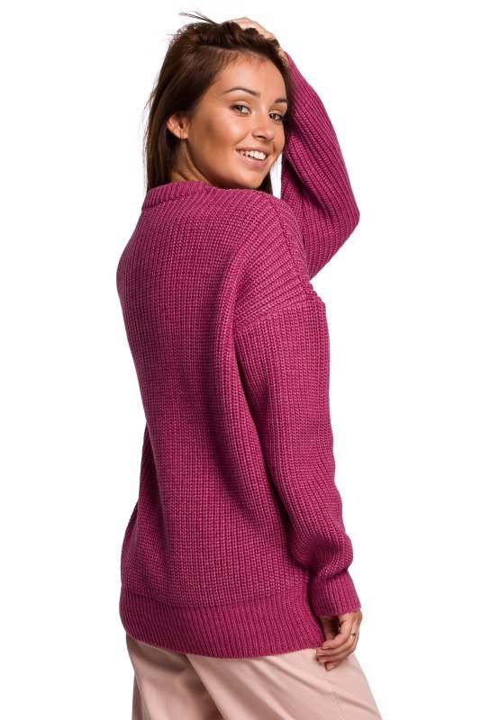 Be Knit BK052 Długi sweter w prążek - wrzosowy