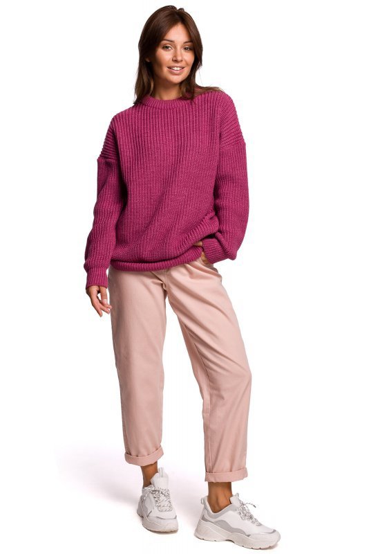 Be Knit BK052 Długi sweter w prążek - wrzosowy