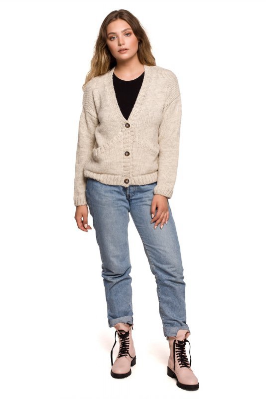 Be Knit BK074 Kardigan na guziki z szerokimi kieszeniami - beżowy