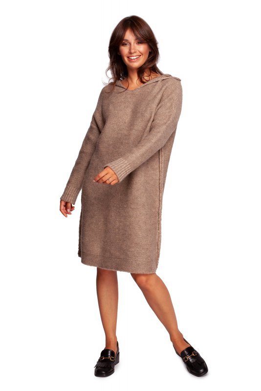 Be Knit BK089 Sweter sukienka z kapturem - jasnobrązowy