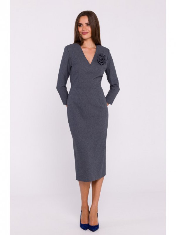 Stylove S372 Sukienka midi z kwiatkiem - szara