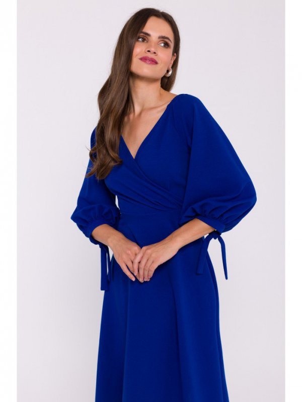 Stylove S383 Sukienka rozkloszowana z wiązanymi rękawami - chabrowa