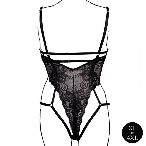 Le Désir Lace Underwired Open Cup Bodysuit with Adjustable Sliders - Plus Size - Black