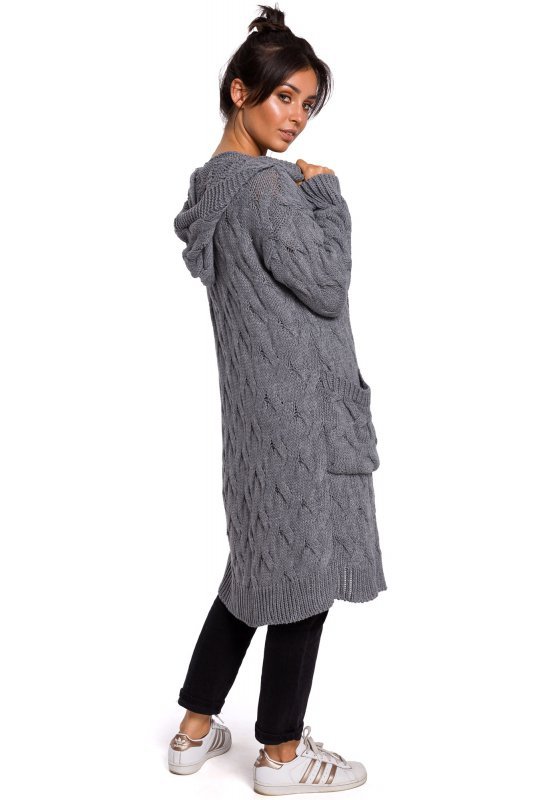 Be Knit BK033 Długi kardigan z warkoczem - szary