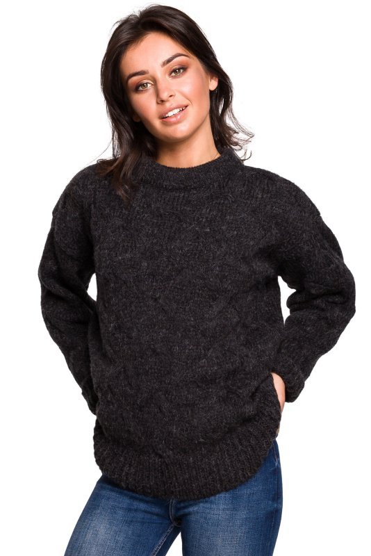 Be Knit BK038 Sweter ze splotem typu warkocz - antracytowy