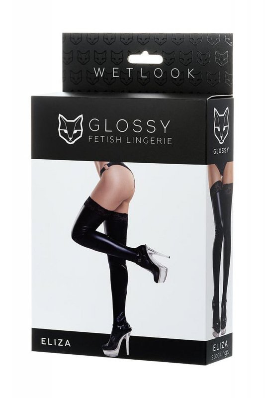 Glossy Glossy Shiny Wetlook stockings with a lace ELIZA - black - WYSYŁKA 24H