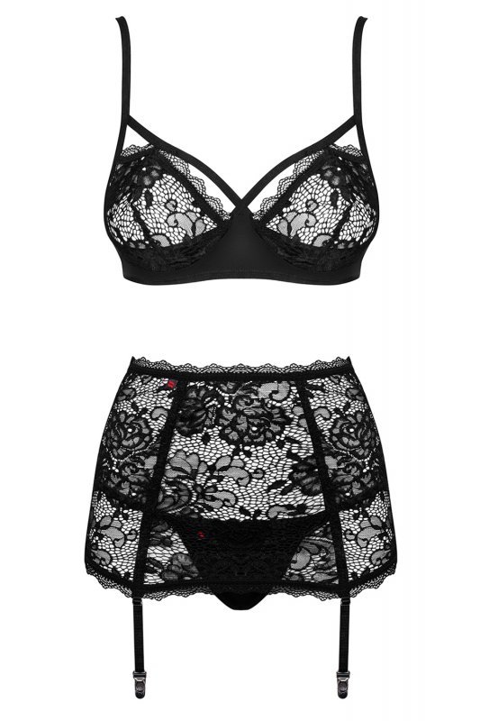 Obsessive Peonesia 3-pcs set bielizna nocna komplet biustonosz + stringi + pas do pończoch