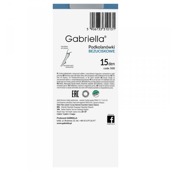 Gabriella Podkolanówki bezuciskowe lycra 500 15 den grafit
