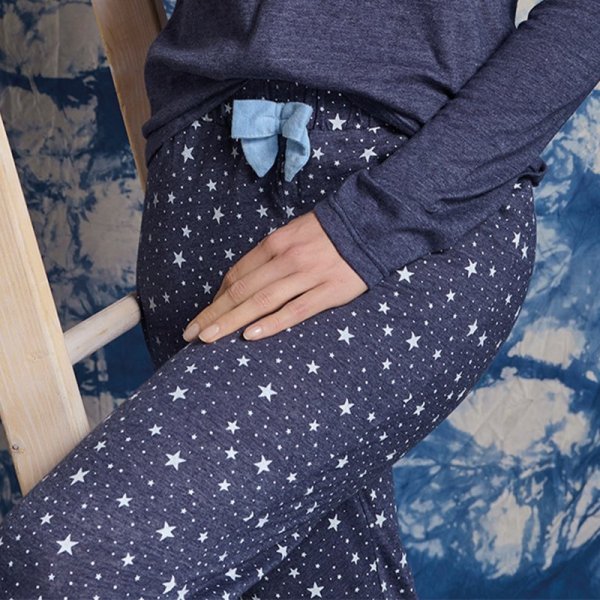 Sorbetto DENISA Długa piżama damska w gwiazdki, granat