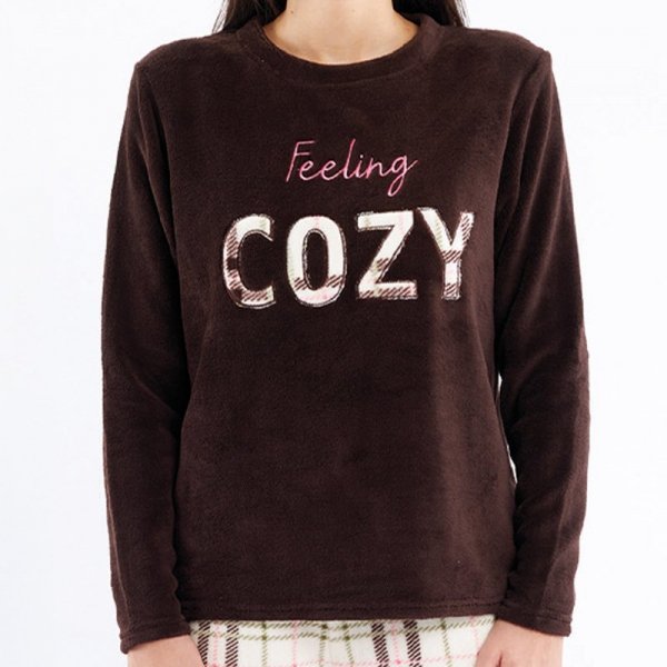 Sorbetto LILIANA Polarowa piżama damska z napisem, brązowa