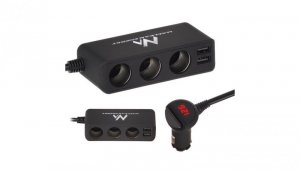 Rozdzielacz gniazda zapalniczki samochodowej czarny gumowany, woltomierz, 3 gniazda zapalniczki, 2xUSB 4,8A, Maclean MCE117, Ma