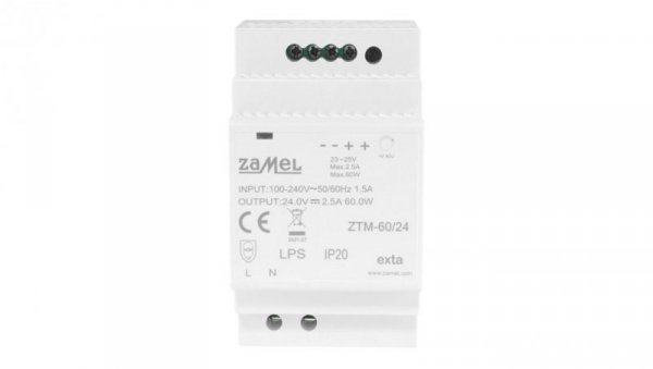 Zasilacz impulsowy montowany na szynie TH-35 (DIN) 60W 24V DC typ: ZTM-60/24 EXT10000284