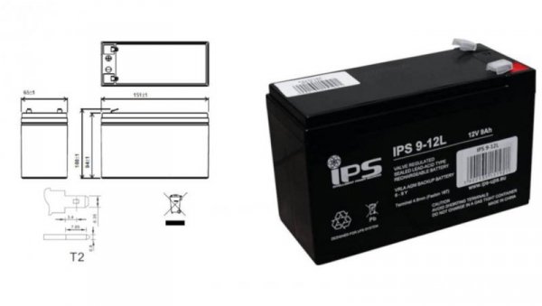 IPS 9-12L akumulator VRLA AGM 12V 9Ah, 6-9lat, T2 6,3mm, do UPS