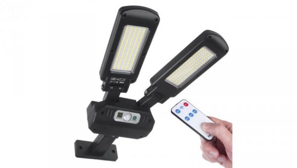 Solarna lampa uliczna LED z czujnikiem ruchu i pilotem Maclean IP54, 5W, 2x450lm, 6500K, Li-ion 2400 mAh, 3 tryby pracy MCE447