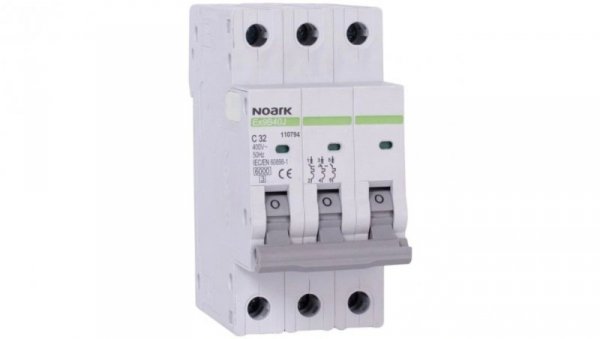Wyłącznik nadprądowy S bezpiecznik 3-fazowy C32 (C 32A) 3-biegunowy 3P (400V AC) 2,25 modułu SLIM NOARK