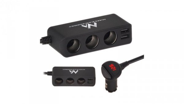 Rozdzielacz gniazda zapalniczki samochodowej czarny gumowany, woltomierz, 3 gniazda zapalniczki, 2xUSB 4,8A, Maclean MCE117, Ma