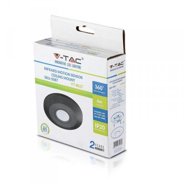 Czujnik Ruchu 360st V-TAC Natynkowy Sufitowy SLIM 25mm Czarny VT-8027