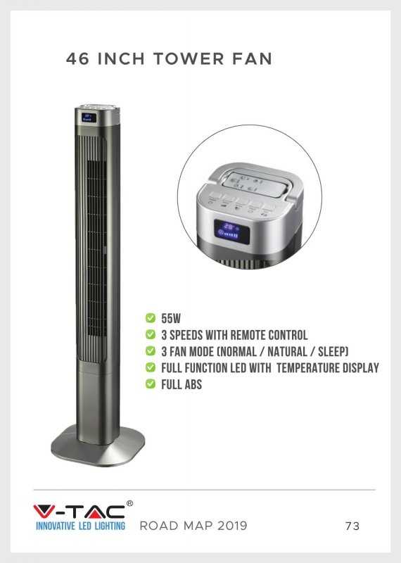Wentylator Wieżowy V-TAC z wyświetlaczem temperatury i pilotem 55W 95cm Biały VT-5536