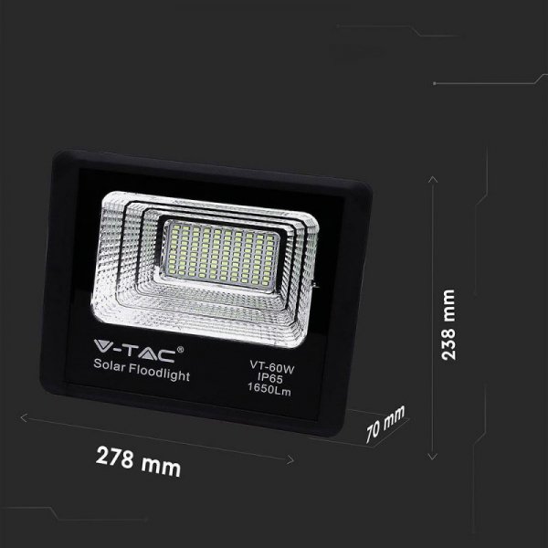 Projektor LED Solarny V-TAC 20W Czarny IP65, Pilot, Timer VT-60W 6000K 1650lm