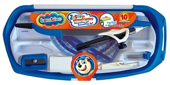 ZESTAW GEOMETRYCZNY 10 ELEMENTÓW Z CYRKLEM LINIJKA KĄTOMIERZ BAMBINO