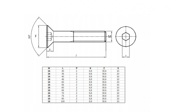 ŚRUBA STOŻKOWA IMBUS M16x60 DIN 7991