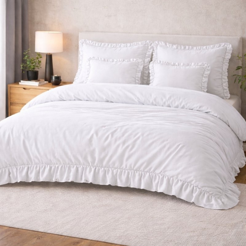 POŚCIEL 160x200 Z FALBANĄ KOMPLET 3 CZĘŚCIOWY MIKROFIBRA KOLOR BIAŁY