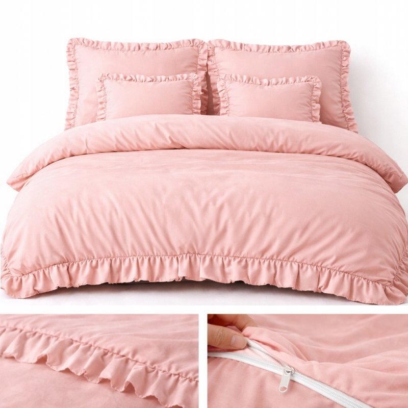 POŚCIEL 160x200 Z FALBANĄ KOMPLET 3 CZĘŚCIOWY MIKROFIBRA KOLOR PUDROWY RÓŻ