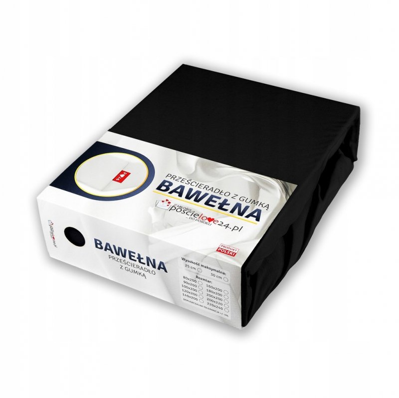 Prześcieradło 200x220 z Gumką GRUBA Bawełna Premium Bok 30 cm Czarny