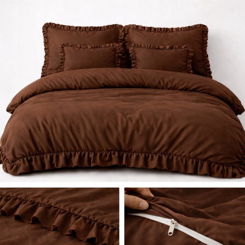 POŚCIEL 160x200 Z FALBANĄ KOMPLET 3 CZĘŚCIOWY MIKROFIBRA KOLOR BRĄZ