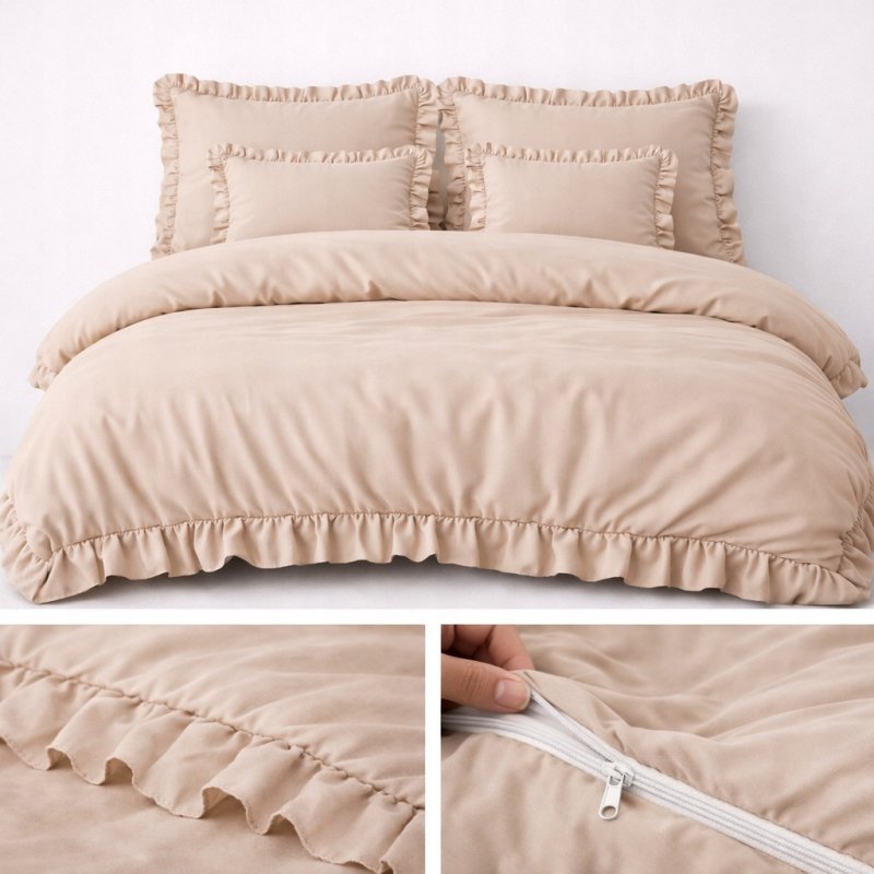 POŚCIEL 160x200 Z FALBANĄ KOMPLET 3 CZĘŚCIOWY MIKROFIBRA KOLOR BEŻ