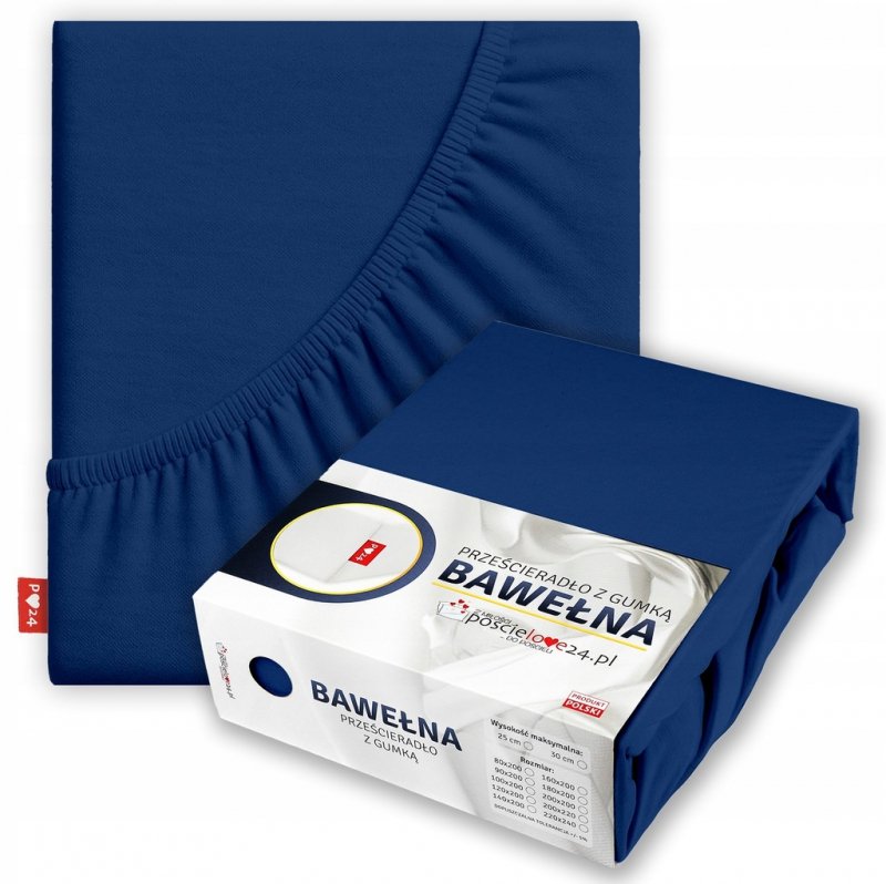 Prześcieradło 200x200 z Gumką GRUBA Bawełna Premium Bok 30 cm Granatowy