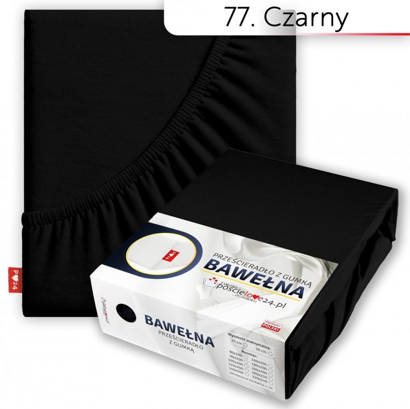 Prześcieradło 90x200 z Gumką GRUBA Bawełna Premium Bok 30 cm Czarny