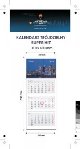 Kalendarz trójdzielny SUPER HIT - całość na Kartonie Alaska 250 g, 310 x 690 mm, Druk jednostronny kolorowy 4+0 CMYK, 3 oddzielne kalendaria, 290 x 145 mm, czerwono - czarne, okienko osobno - 1000 sztuk