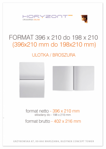 ulotka 396 x 210 składana do 198 x 210 mm, druk pełnokolorowy obustronny 4+4, na papierze kredowym, 130 g, 1000 sztuk