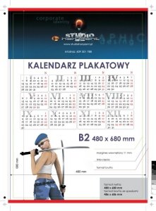 kalendarze planszowe B2 - 250 g, druk jednostronny, pełnokolorowy 4+0, na papierze kredowym, listwy z zawieszką góra dół po krótkim boku, 20 sztuk