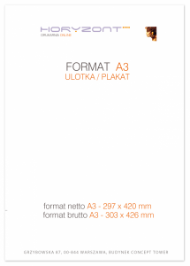 ulotka A3, druk pełnokolorowy obustronny 4+4, na papierze offsetowym, 90 g, 25 sztuk