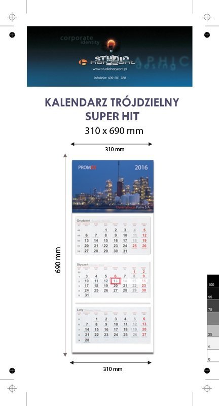 Kalendarz trójdzielny SUPER HIT - całość na Kartonie Alaska 250 g, 310 x 690 mm, Druk jednostronny kolorowy 4+0 CMYK, 3 oddzielne kalendaria, 290 x 145 mm, czerwono - czarne, okienko osobno - 1000 sztuk