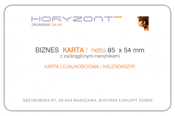 biznes karta 85 x 54 mm, druk pełnokolorowy obustronny 4+4, na papierze kredowym, kreda 350g / folia błysk dwustronna - 1000 sztuk